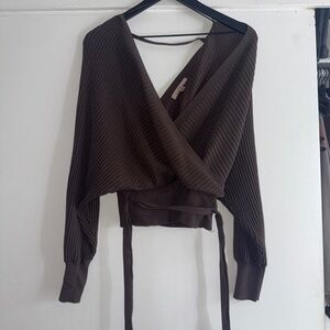 Love Tree Brown Tan Wrap Blouse Long Sleeve